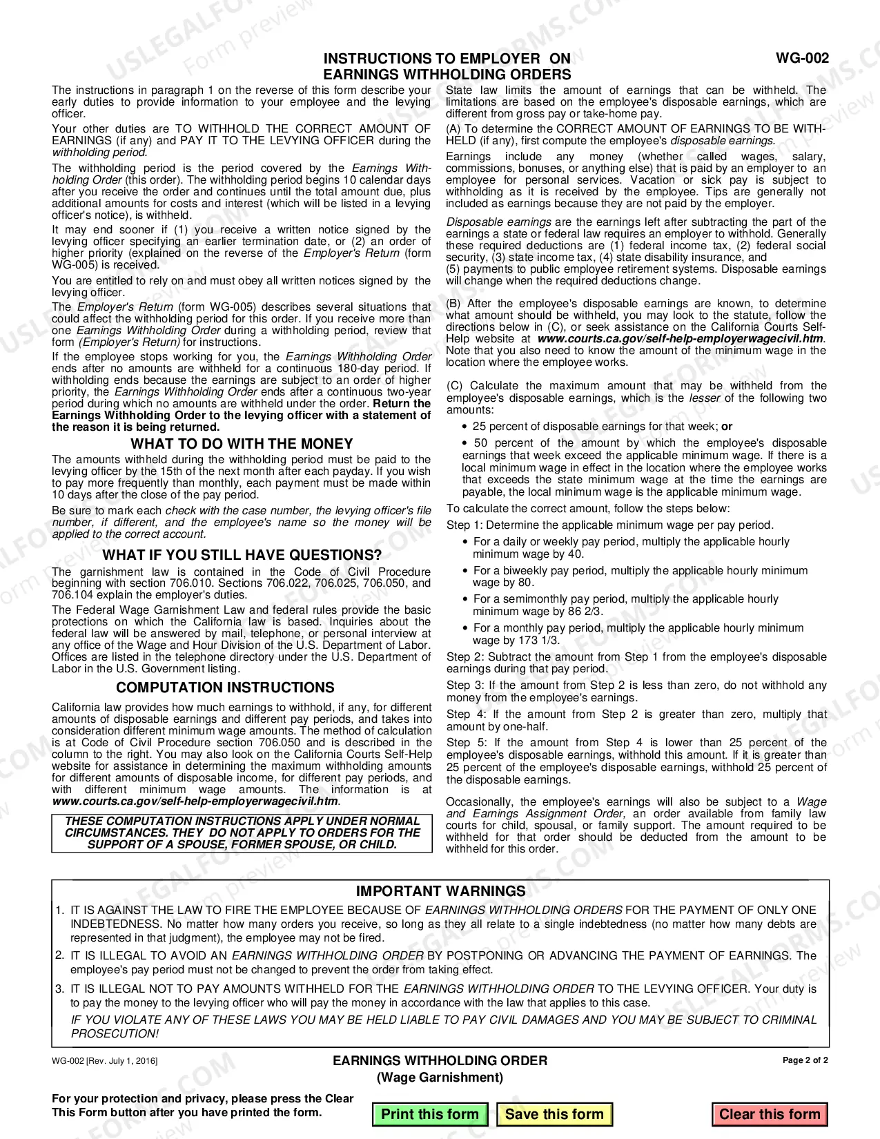 Preview Earnings Withholding Order - Wage Garnishment