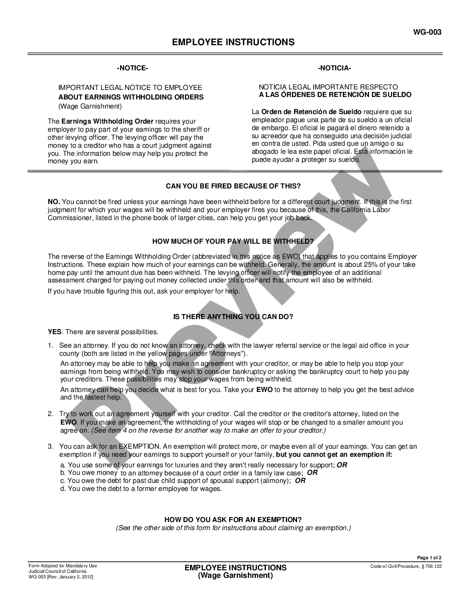 page 0 Employee Instructions - Wage Garnishment preview