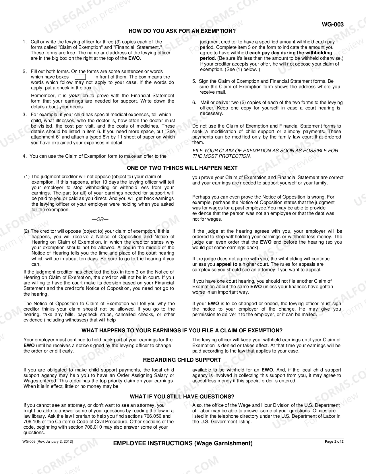 Preview Employee Instructions - Wage Garnishment