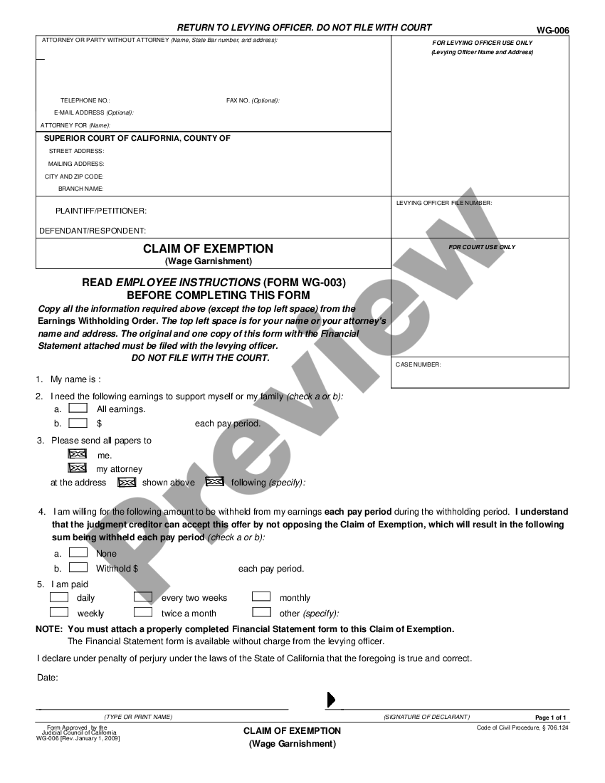 California Claim of Exemption Wg 006 US Legal Forms