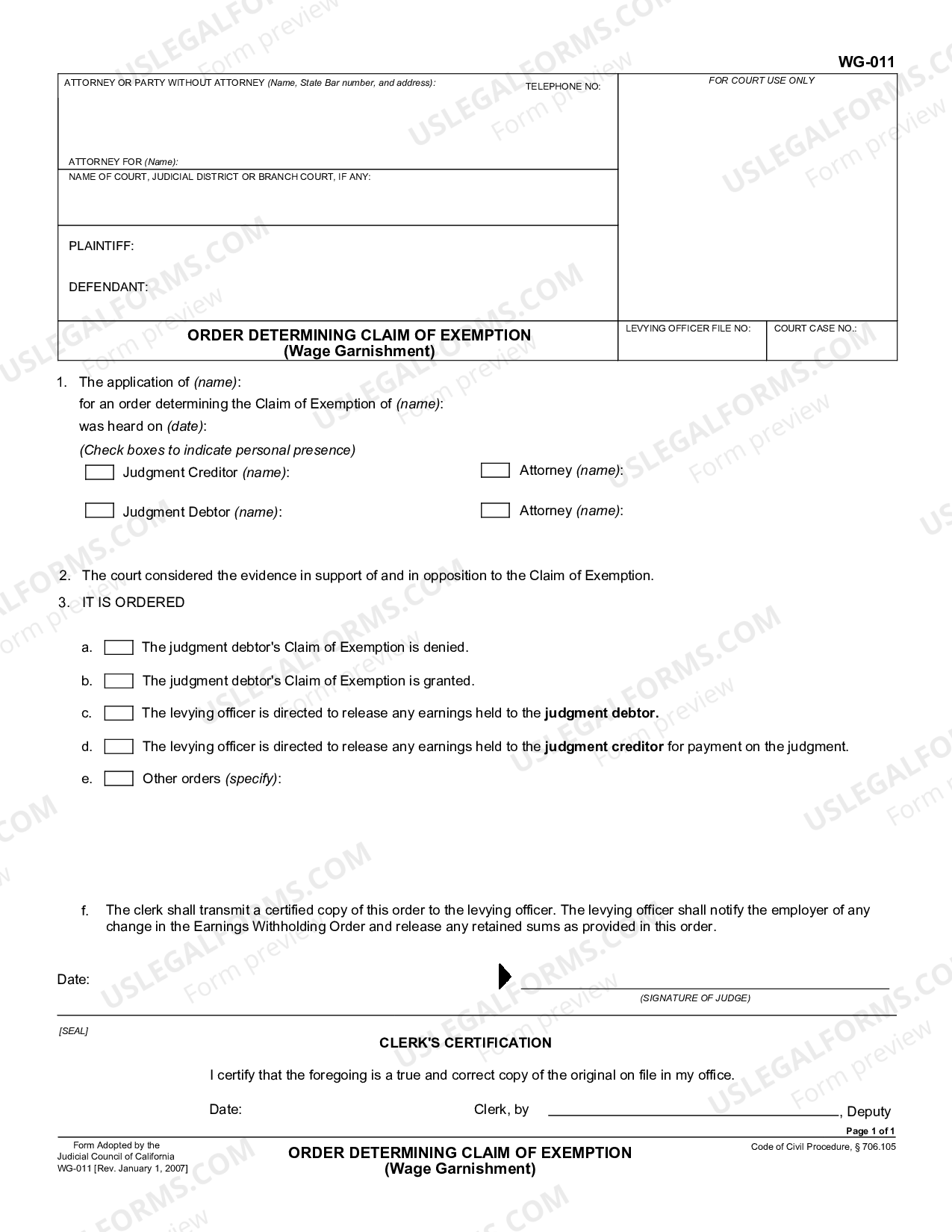 California Order Determining Claim of Exemption Claim Of Exemption