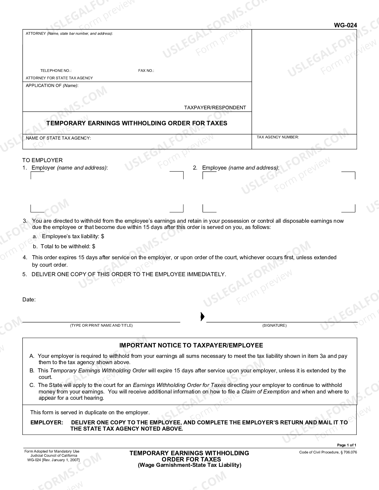 Rancho Cucamonga California Temporary Earnings Withholding Order for