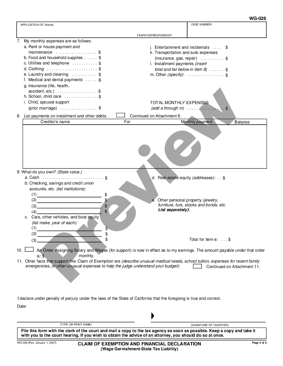 page 1 Claim of Exemption and Financial Declaration preview