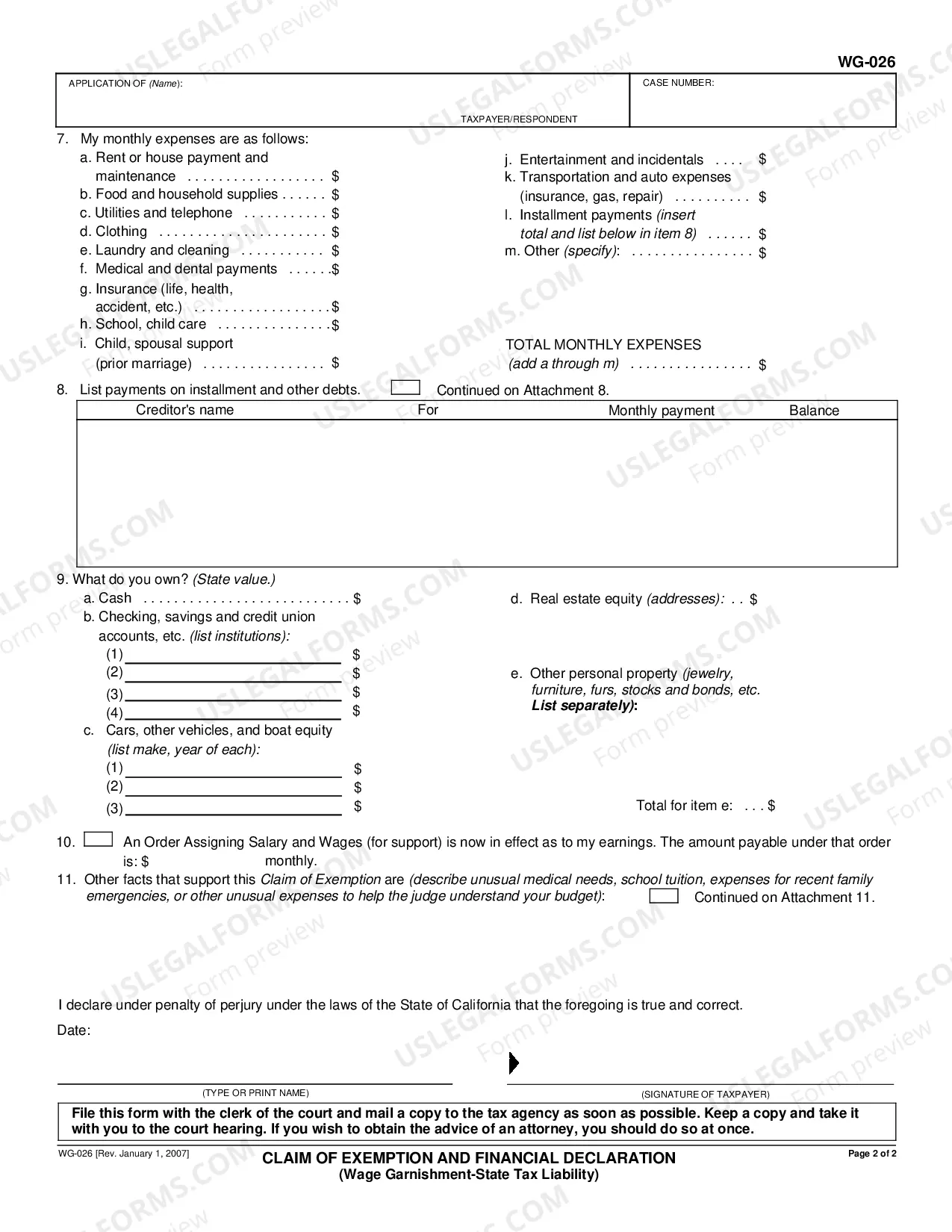 Preview Claim of Exemption and Financial Declaration