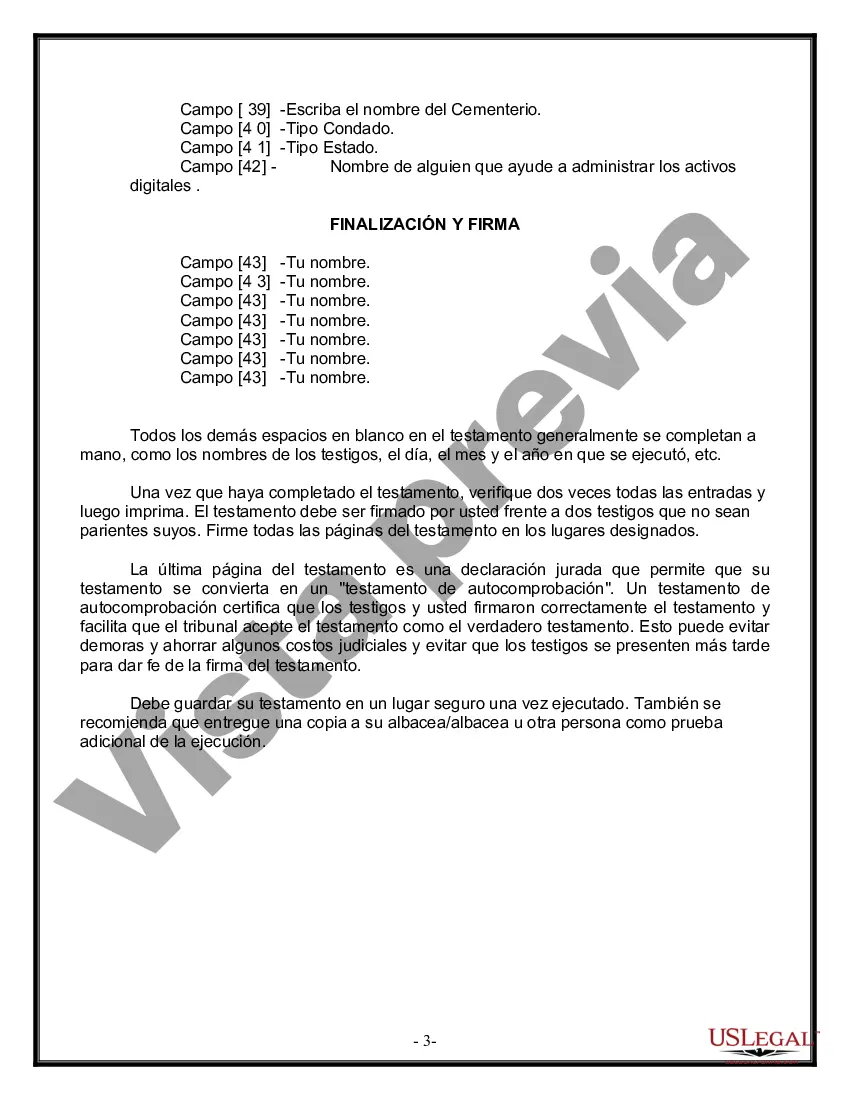 Preview Formulario Legal de Última Voluntad y Testamento para Persona Soltera con Hijos Adultos y Menores