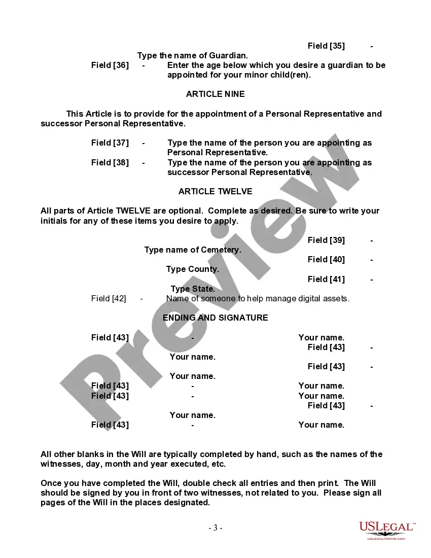 Preview Last Will and Testament for Single Person with Adult and Minor Children