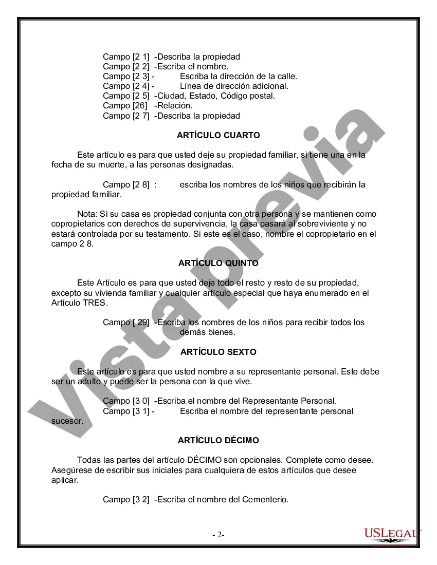 Preview Formulario Legal de Última Voluntad y Testamento para Persona Soltera con Hijos Adultos