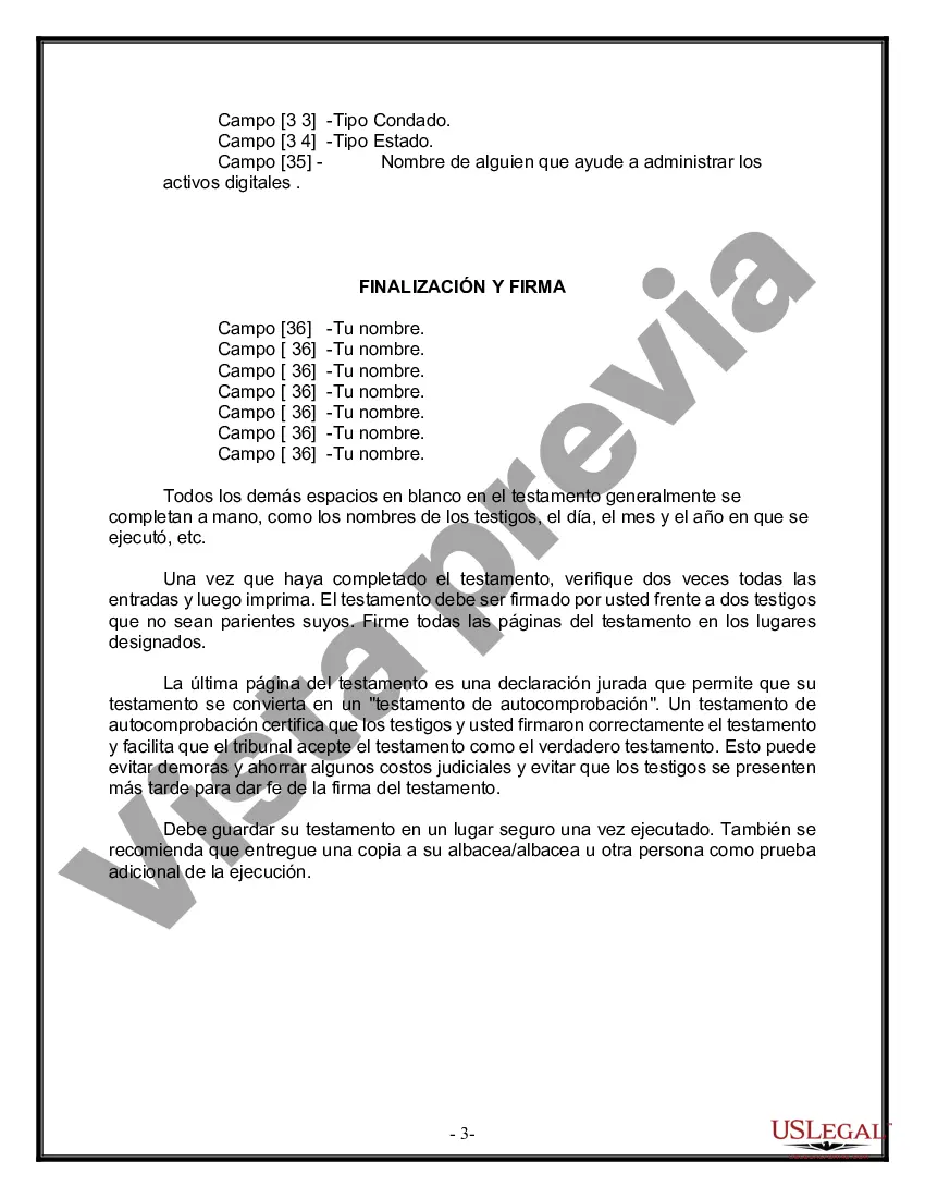 Preview Formulario Legal de Última Voluntad y Testamento para Persona Soltera con Hijos Adultos