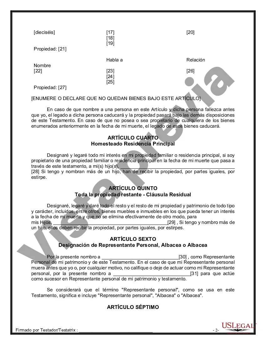 Preview Formulario Legal de Última Voluntad y Testamento para Persona Soltera con Hijos Adultos