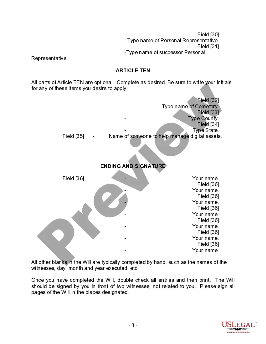 Preview Last Will and Testament for Single Person with Adult Children