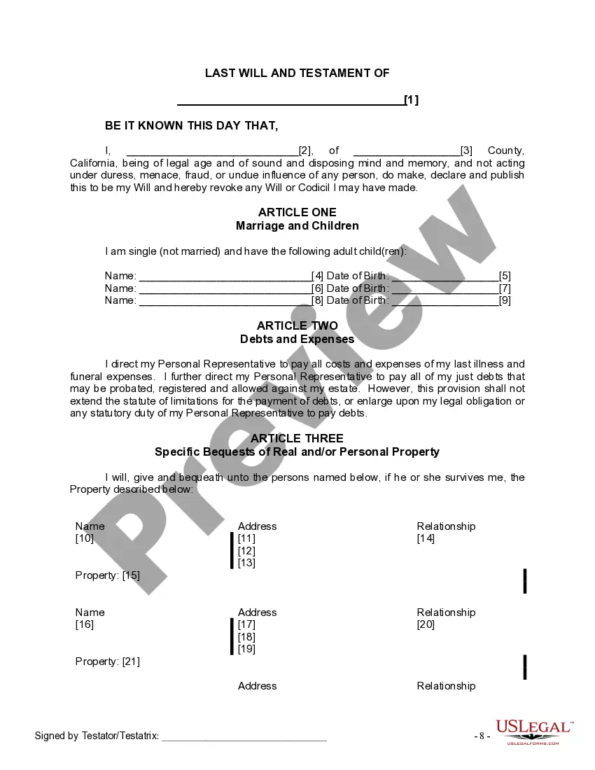 Preview Last Will and Testament for Single Person with Adult Children