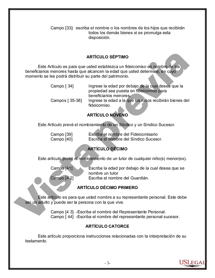 Preview Última voluntad y testamento legal para persona casada con hijos menores de edad de un matrimonio anterior