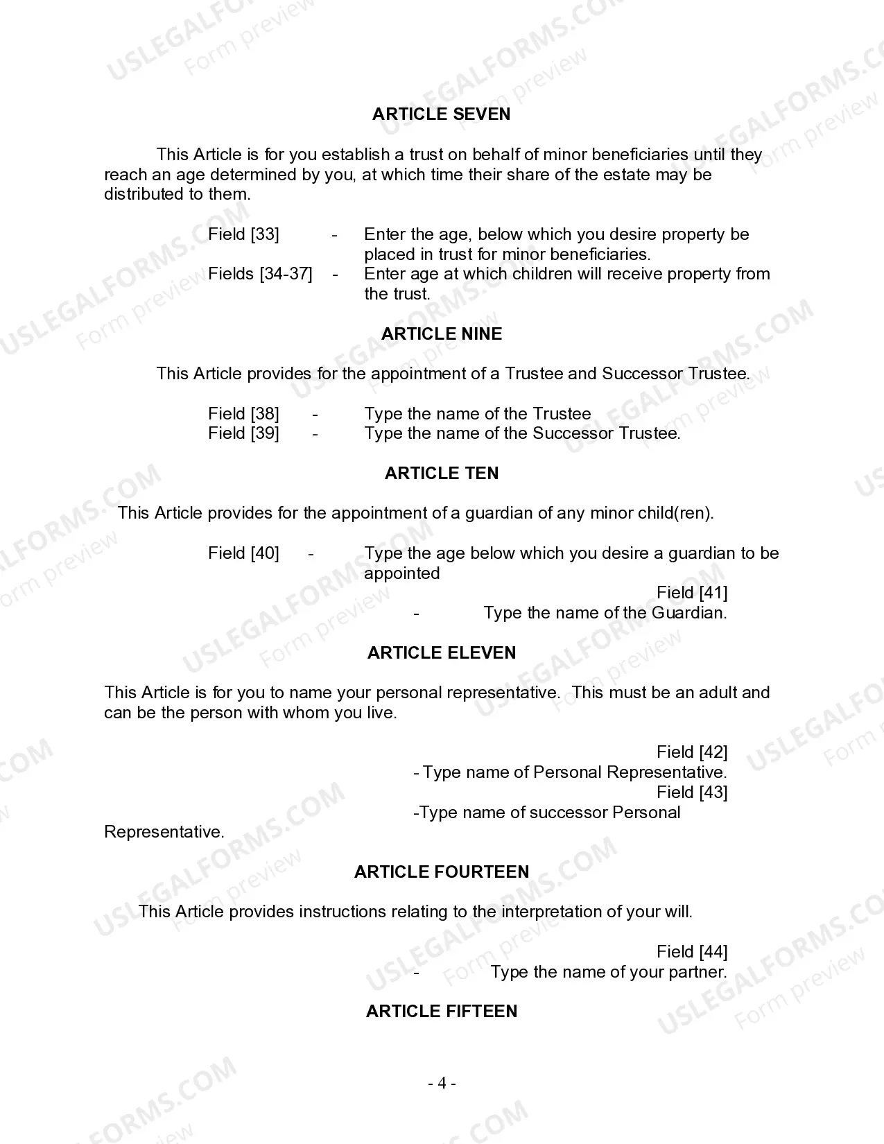Preview Last Will and Testament for Domestic Partner with Minor Children from Prior Marriage
