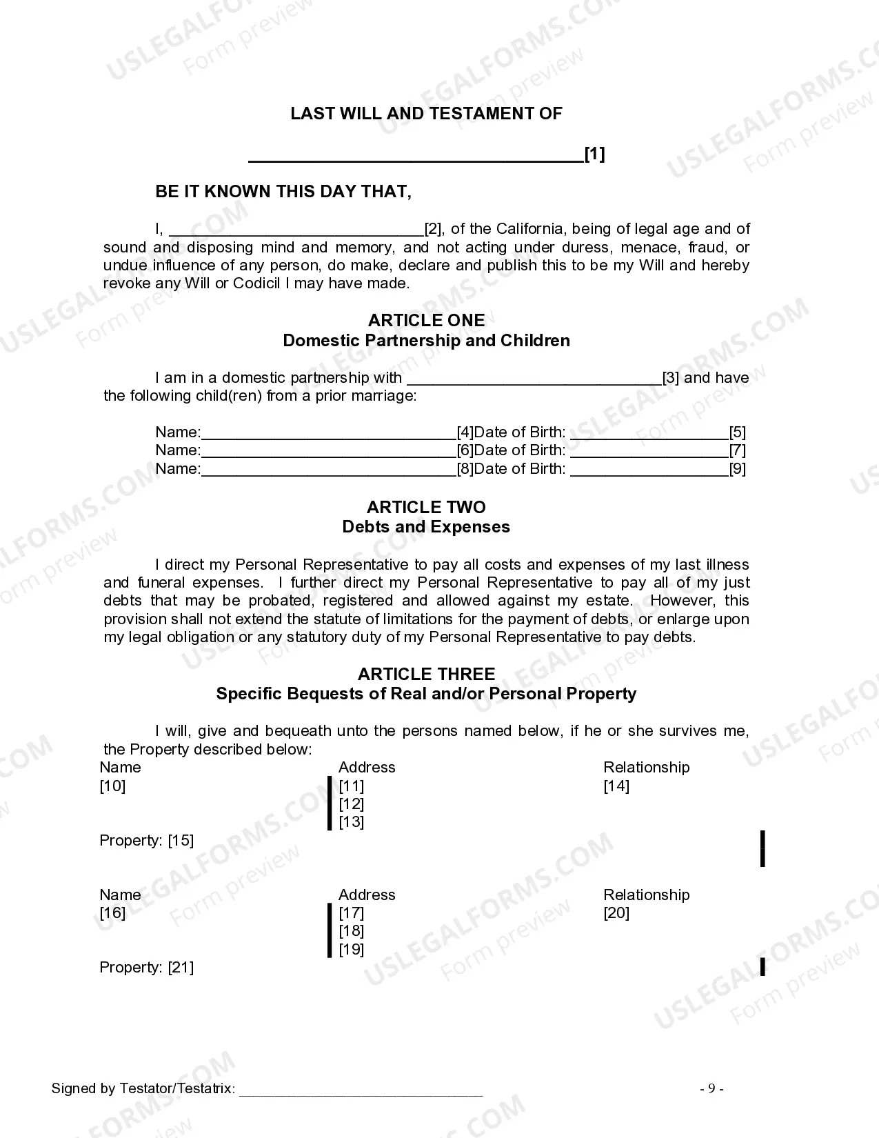 Preview Last Will and Testament for Domestic Partner with Minor Children from Prior Marriage