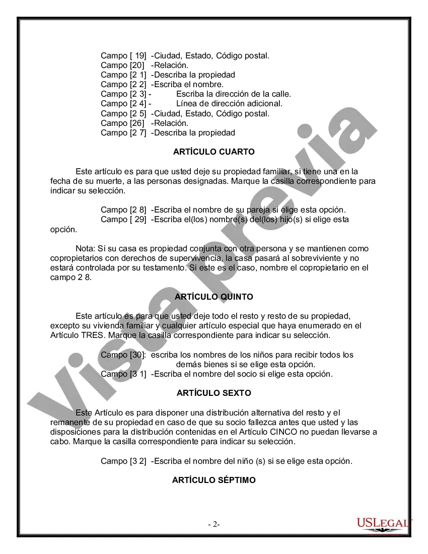 Preview Formulario de última voluntad y testamento legal para pareja de hecho con hijos adultos de un matrimonio anterior