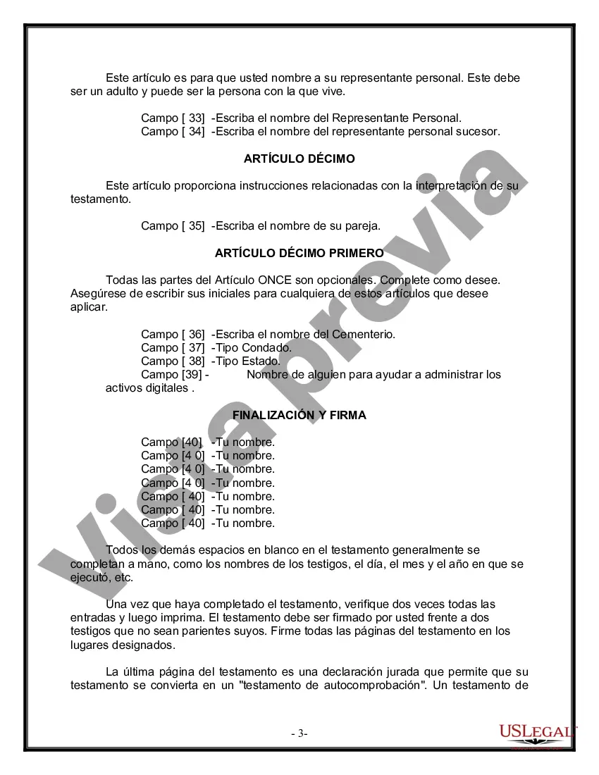 Preview Formulario de última voluntad y testamento legal para pareja de hecho con hijos adultos de un matrimonio anterior