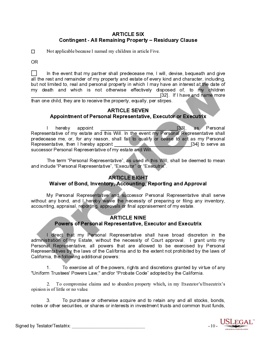 Get Last Will and Testament for Domestic Partner with Adult Children from Prior Marriage Preview Last Will and Testament for Domestic Partner with Adult Children from Prior Marriage