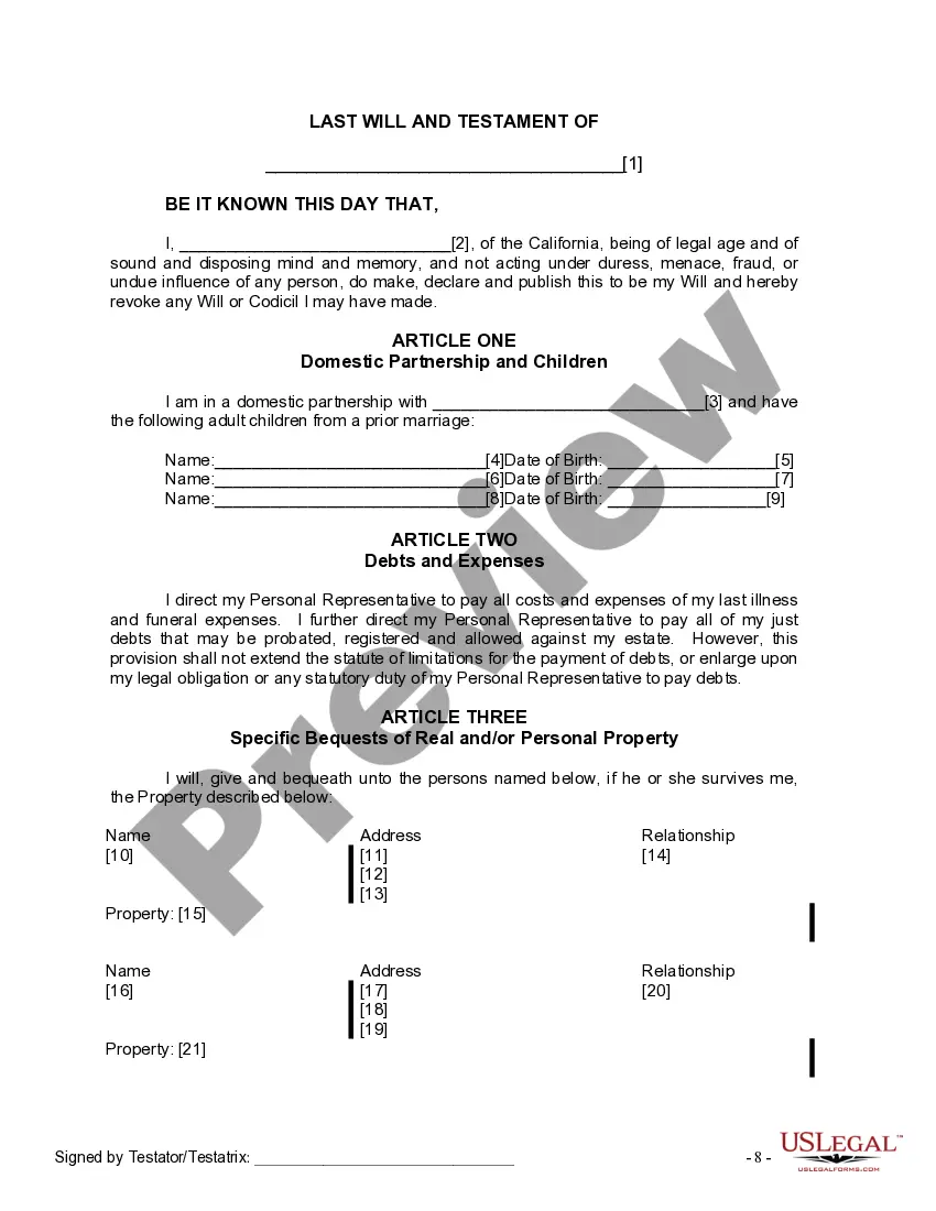 Get Last Will and Testament for Domestic Partner with Adult Children from Prior Marriage Preview Last Will and Testament for Domestic Partner with Adult Children from Prior Marriage