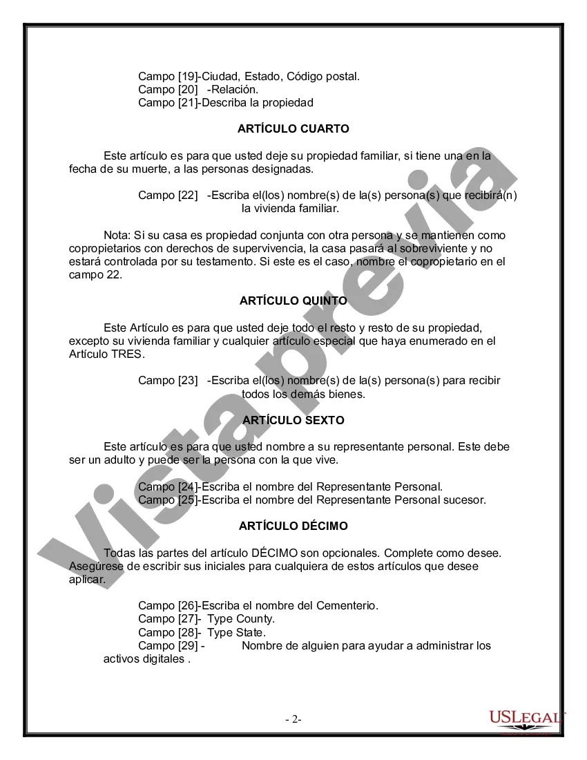 Preview Formulario de última voluntad y testamento legal para personas divorciadas que no se han vuelto a casar y no tienen hijos