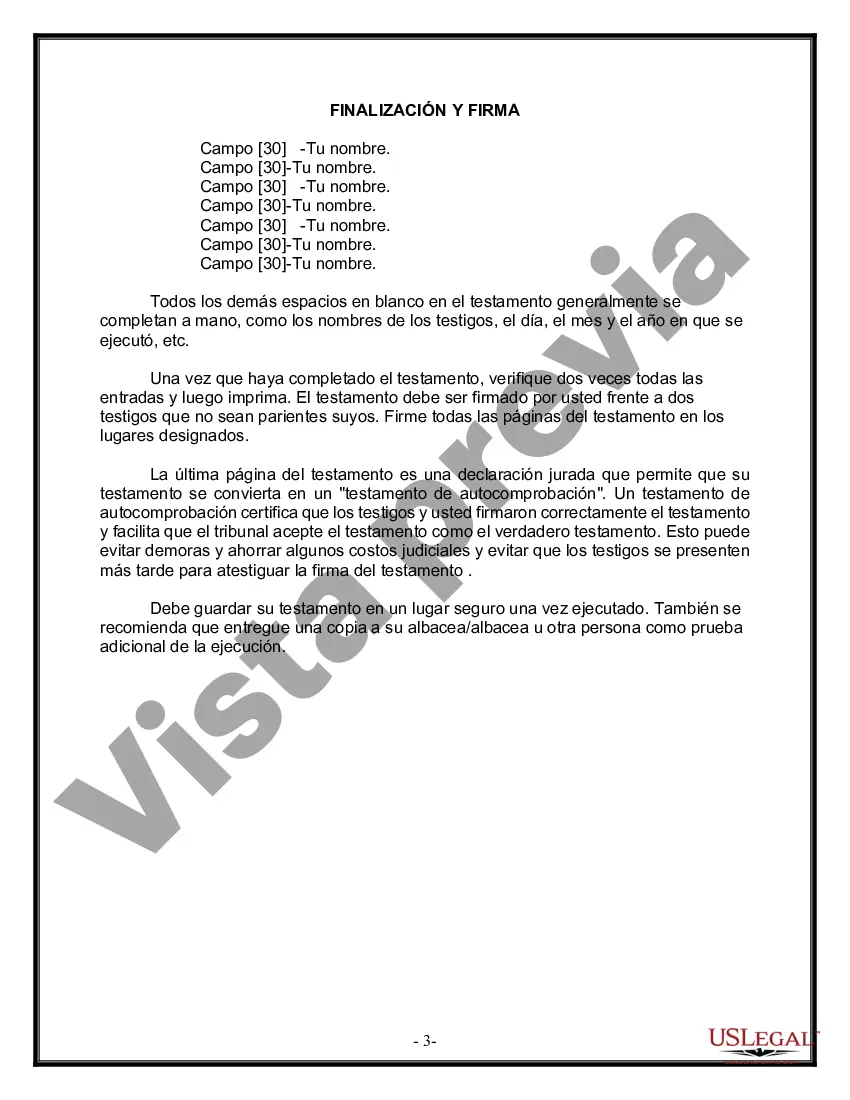 Preview Formulario de última voluntad y testamento legal para personas divorciadas que no se han vuelto a casar y no tienen hijos