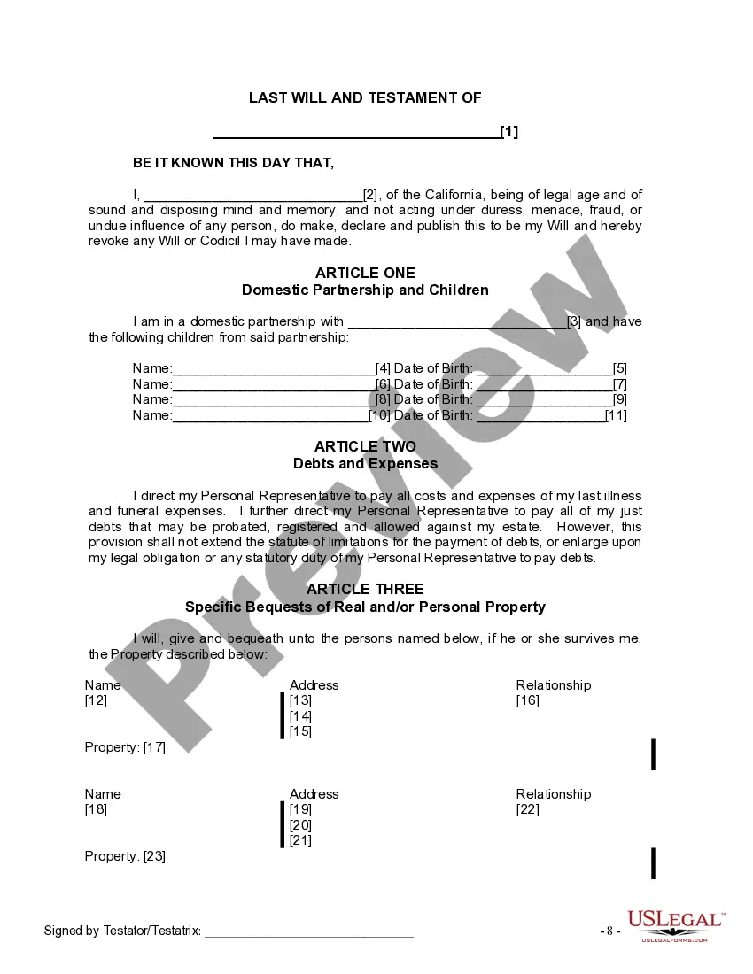 Get Last Will and Testament for a Domestic Partner with No Children Preview Last Will and Testament for a Domestic Partner with No Children