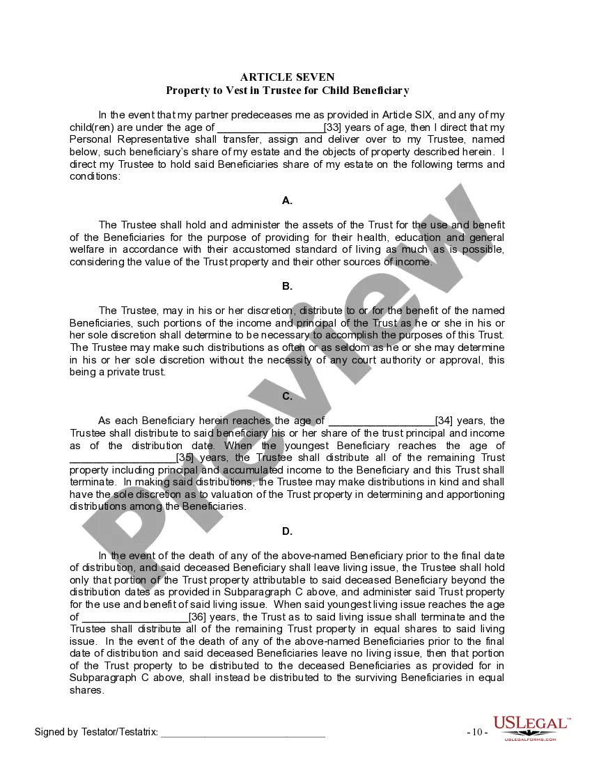 Preview Last Will and Testament for Domestic Partner with Minor Children