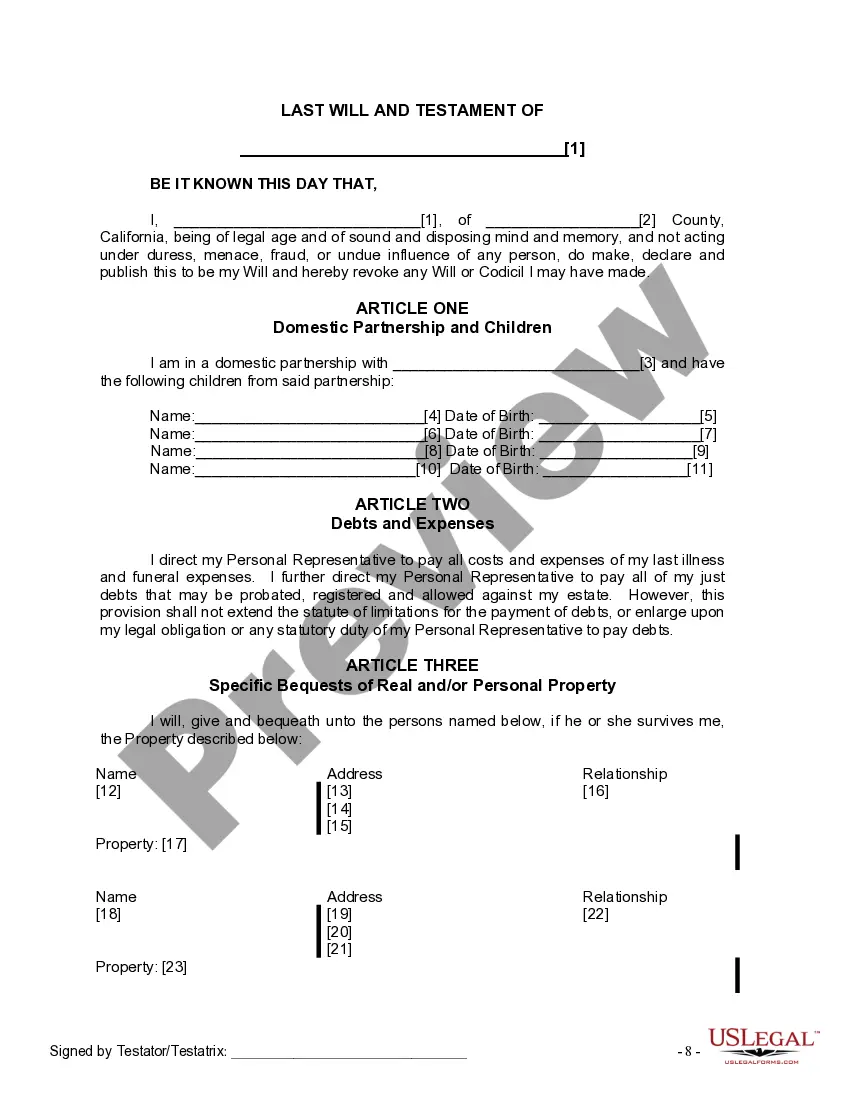 Preview Last Will and Testament for Domestic Partner with Minor Children