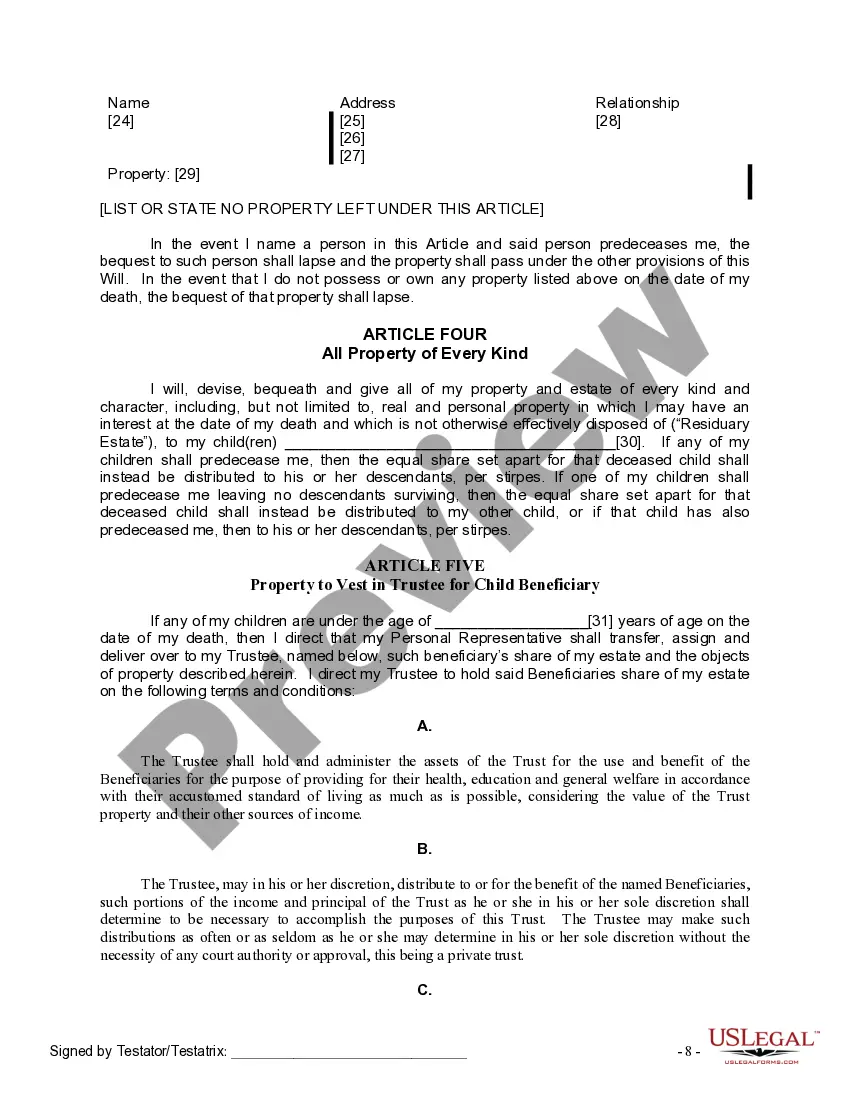 Preview Last Will and Testament for Divorced Person Not Remarried with Adult and Minor Children