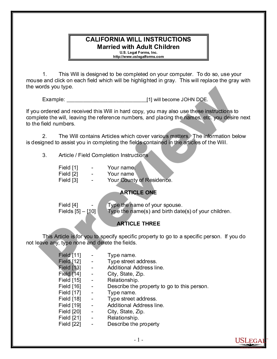 page 0 Legal Last Will and Testament Form for Married Person with Adult Children preview