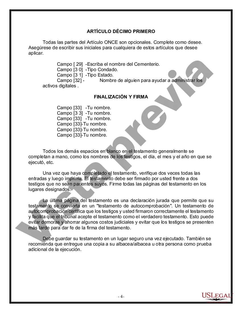 Preview Formulario de última voluntad y testamento legal para una persona casada sin hijos