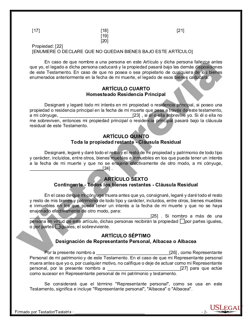 Preview Formulario de última voluntad y testamento legal para una persona casada sin hijos