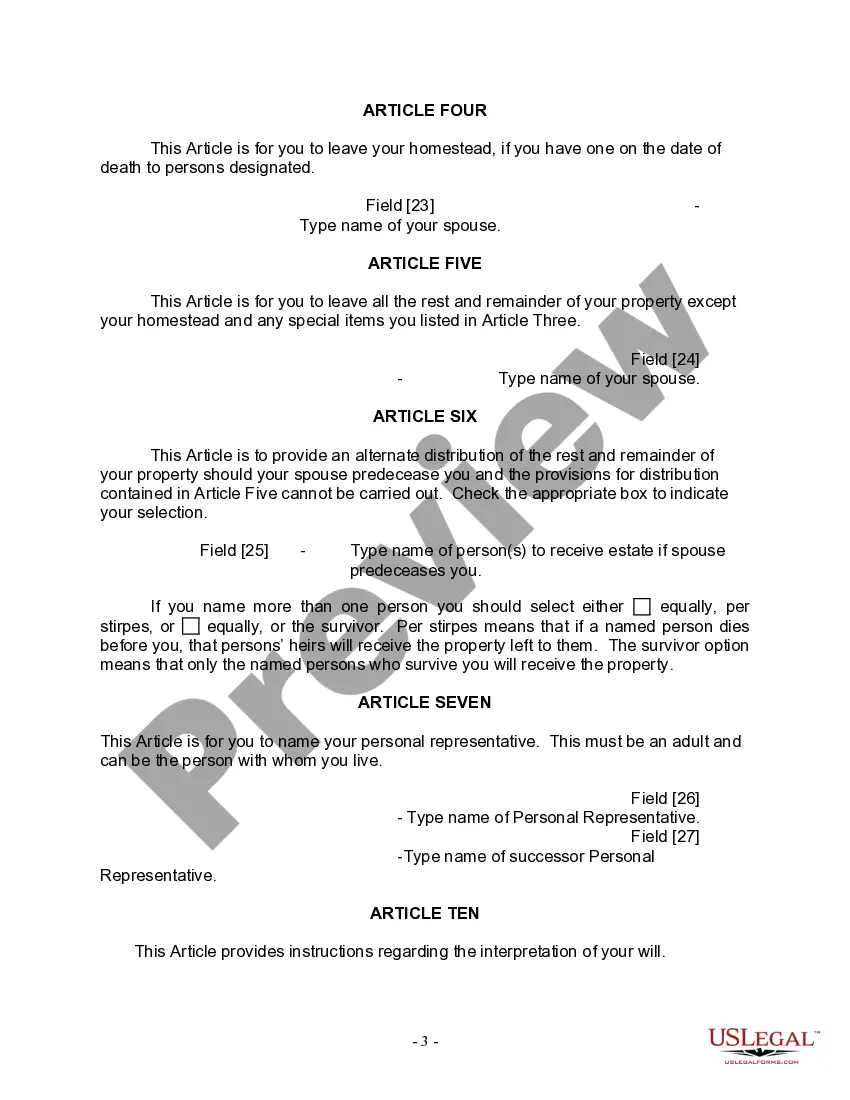 Preview Last Will and Testament for a Married Person with No Children