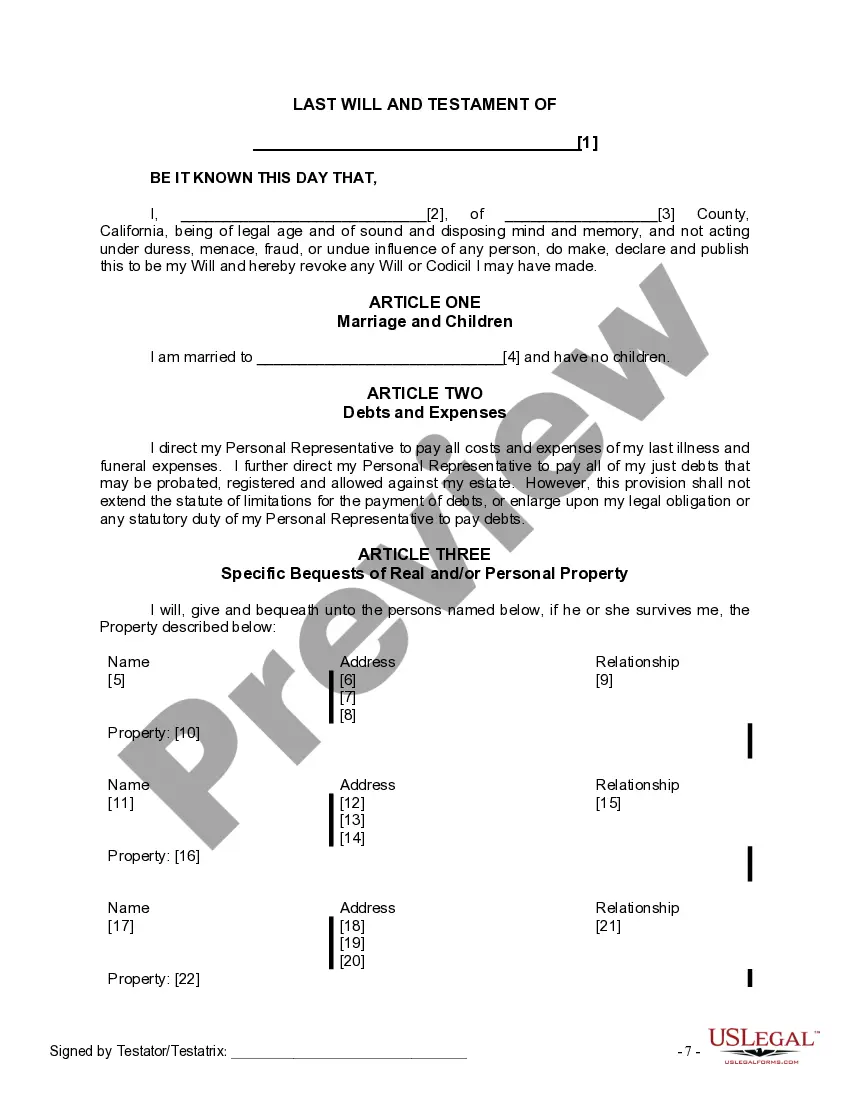 Preview Last Will and Testament for a Married Person with No Children