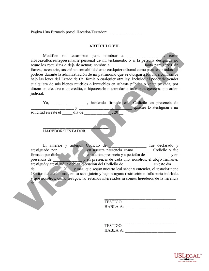 Preview Codicilo al formulario de testamento para enmendar su testamento - Cambios o enmiendas de testamento