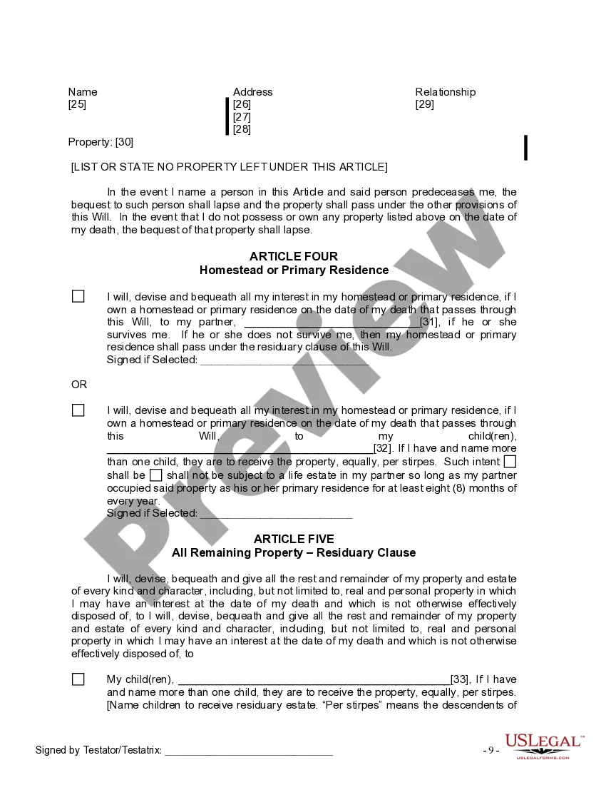 Preview Last Will and Testament for Domestic Partner with Adult and Minor Children from Prior Marriage