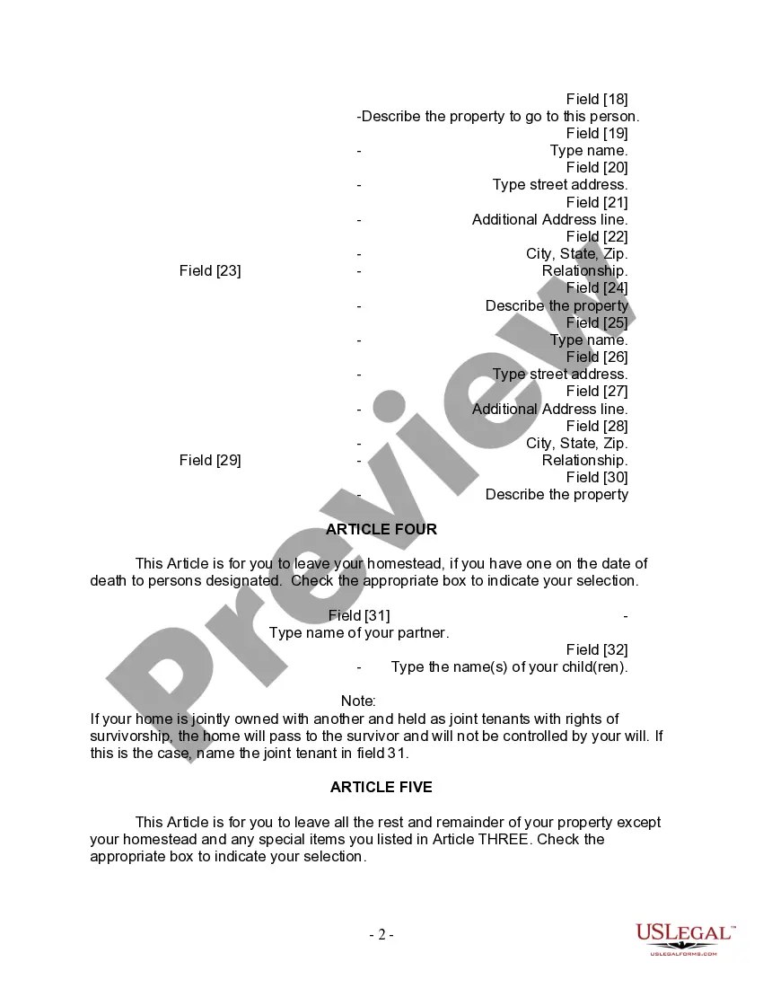 Preview Last Will and Testament for Domestic Partner with Adult and Minor Children from Prior Marriage