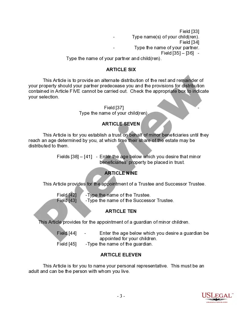 Preview Last Will and Testament for Domestic Partner with Adult and Minor Children from Prior Marriage