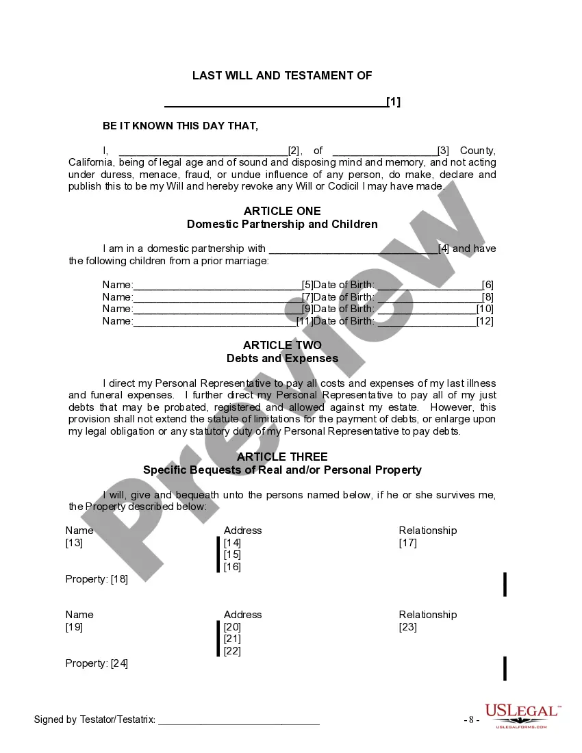 Preview Last Will and Testament for Domestic Partner with Adult and Minor Children from Prior Marriage