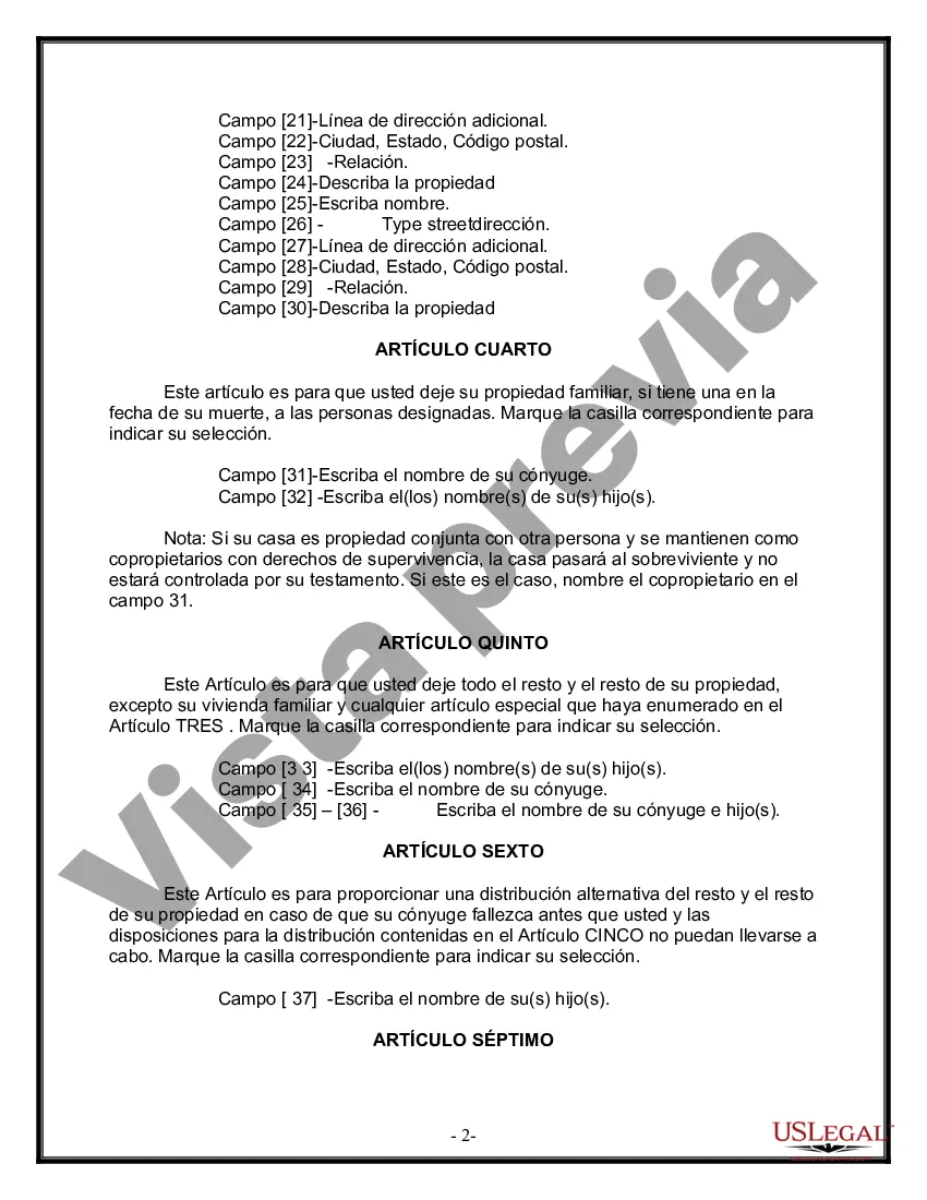 Preview Formulario Legal de Última Voluntad y Testamento para Persona Casada con Hijos Adultos y Menores de Matrimonio Anterior