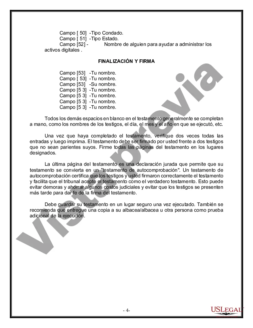 Preview Formulario Legal de Última Voluntad y Testamento para Persona Casada con Hijos Adultos y Menores de Matrimonio Anterior