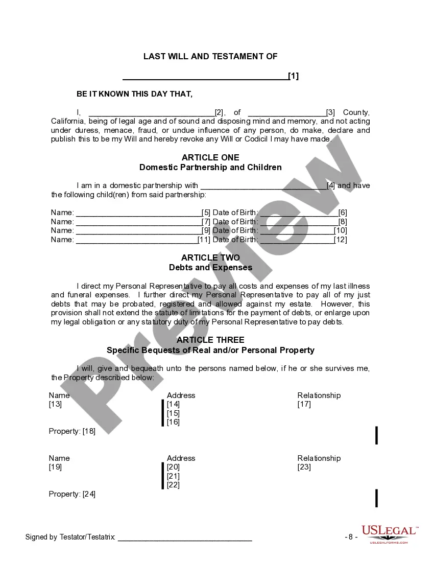 Get Last Will and Testament for Domestic Partner with Adult and Minor Children Preview Last Will and Testament for Domestic Partner with Adult and Minor Children