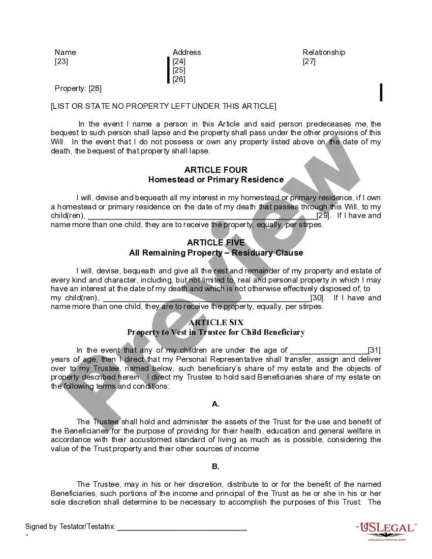 Preview Last Will and Testament for Widow or Widower with Minor Children