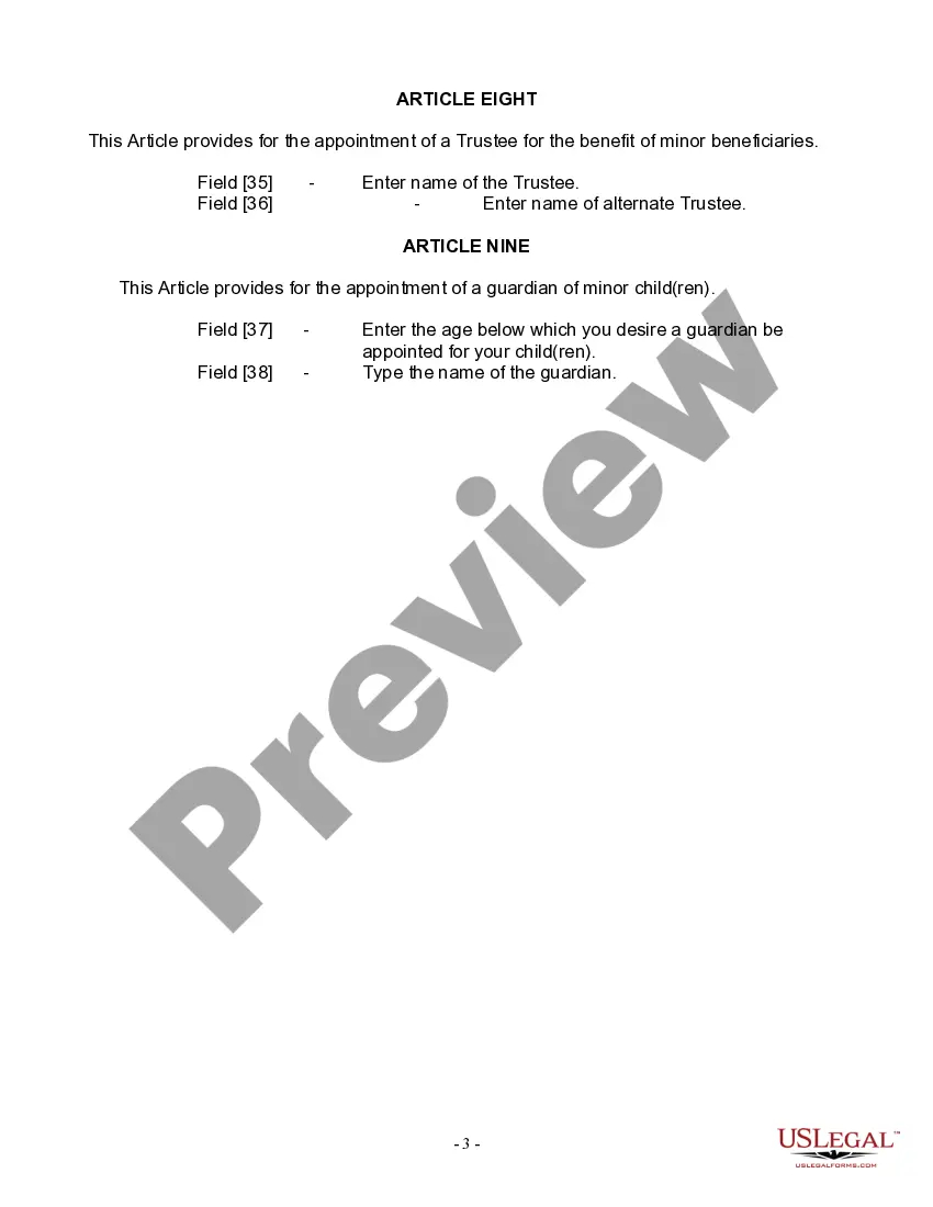 Preview Last Will and Testament for Widow or Widower with Minor Children