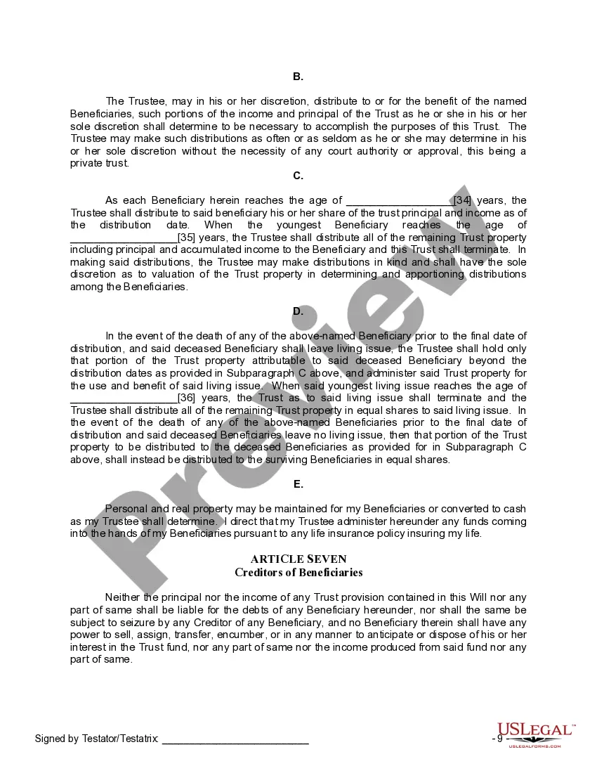 Preview Last Will and Testament for a Widow or Widower with Adult and Minor Children