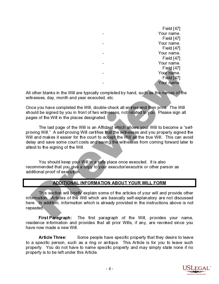Preview Last Will and Testament for a Widow or Widower with Adult and Minor Children