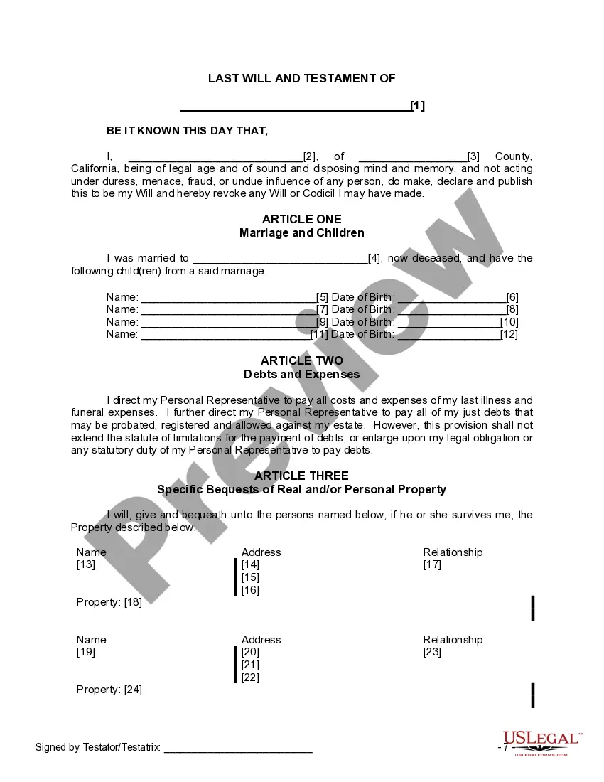 Preview Last Will and Testament for a Widow or Widower with Adult and Minor Children