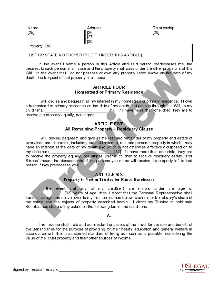 Preview Last Will and Testament for a Widow or Widower with Adult and Minor Children