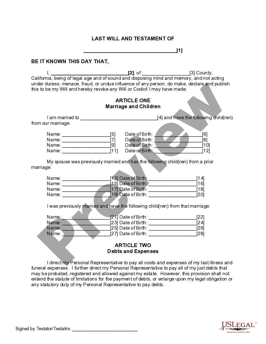 Preview Last Will and Testament for Divorced and Remarried Person with Mine, Yours and Ours Children