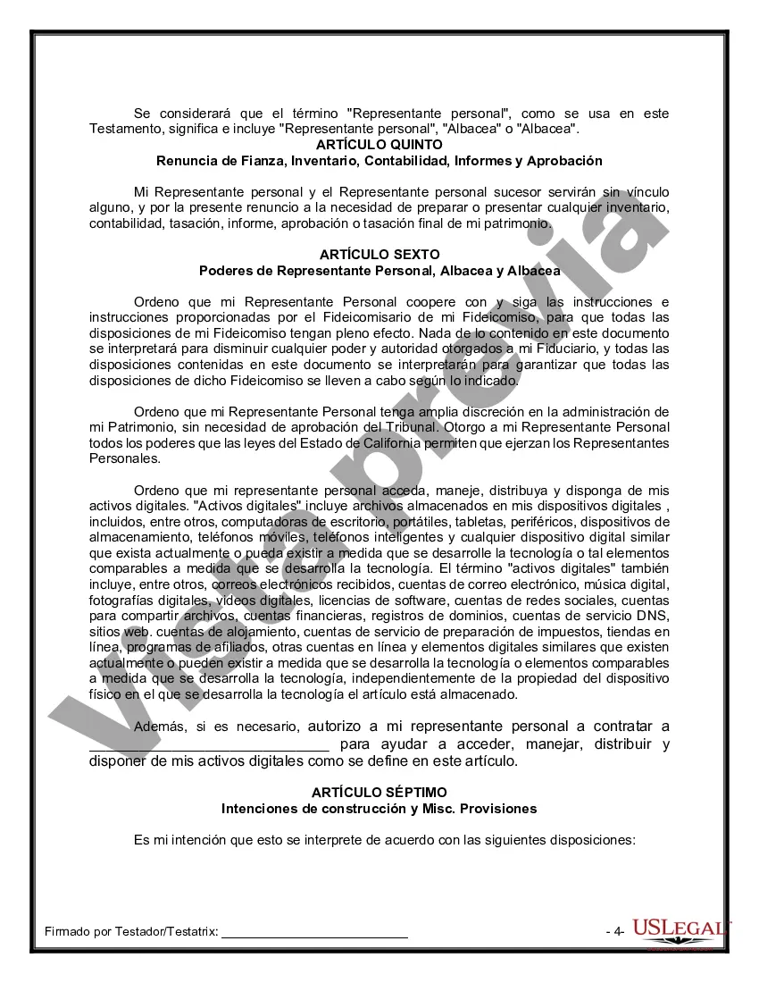 Preview Último testamento legal y formulario de testamento con todos los bienes en fideicomiso llamado testamento invertido