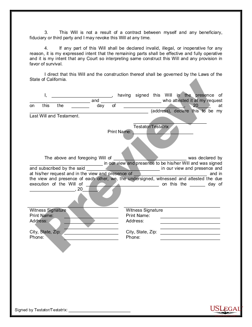 California Legal Last Will and Testament Form with All Property to